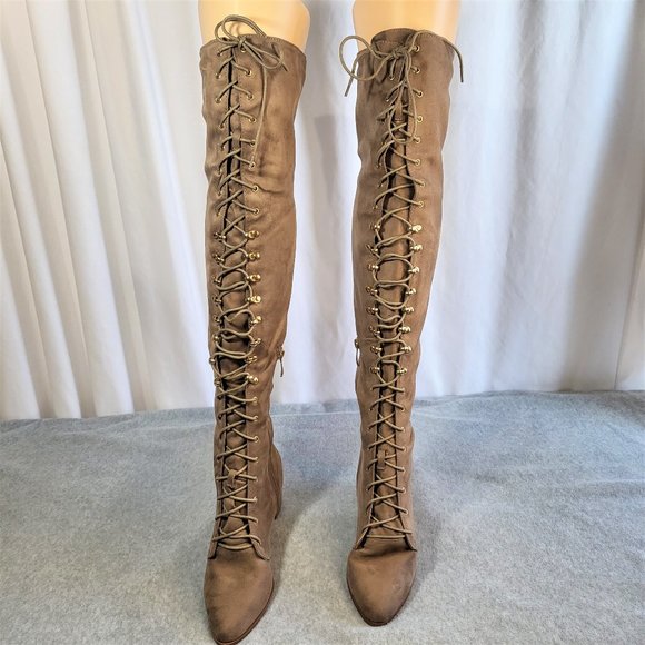 * So Me Taupe (Tan) Over The Knee Lace Up Block Heel Boots - Picture 2 of 12